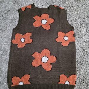 Super Massive Brown Sweater Vest with Orange Floral Design